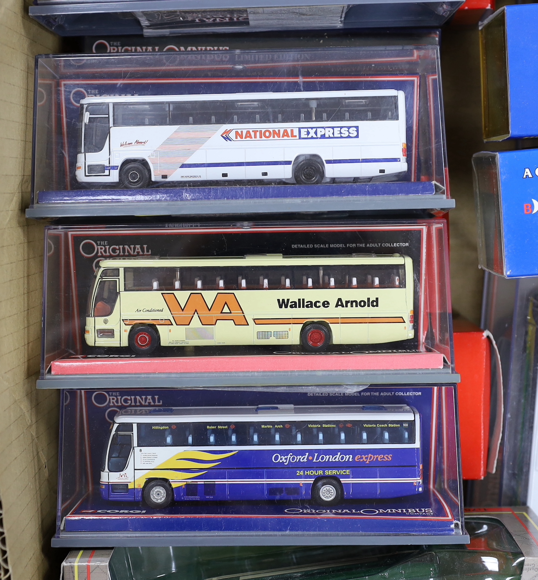 Two boxes of boxed EFE, Corgi OOC and Britbus diecast buses and coaches (33)